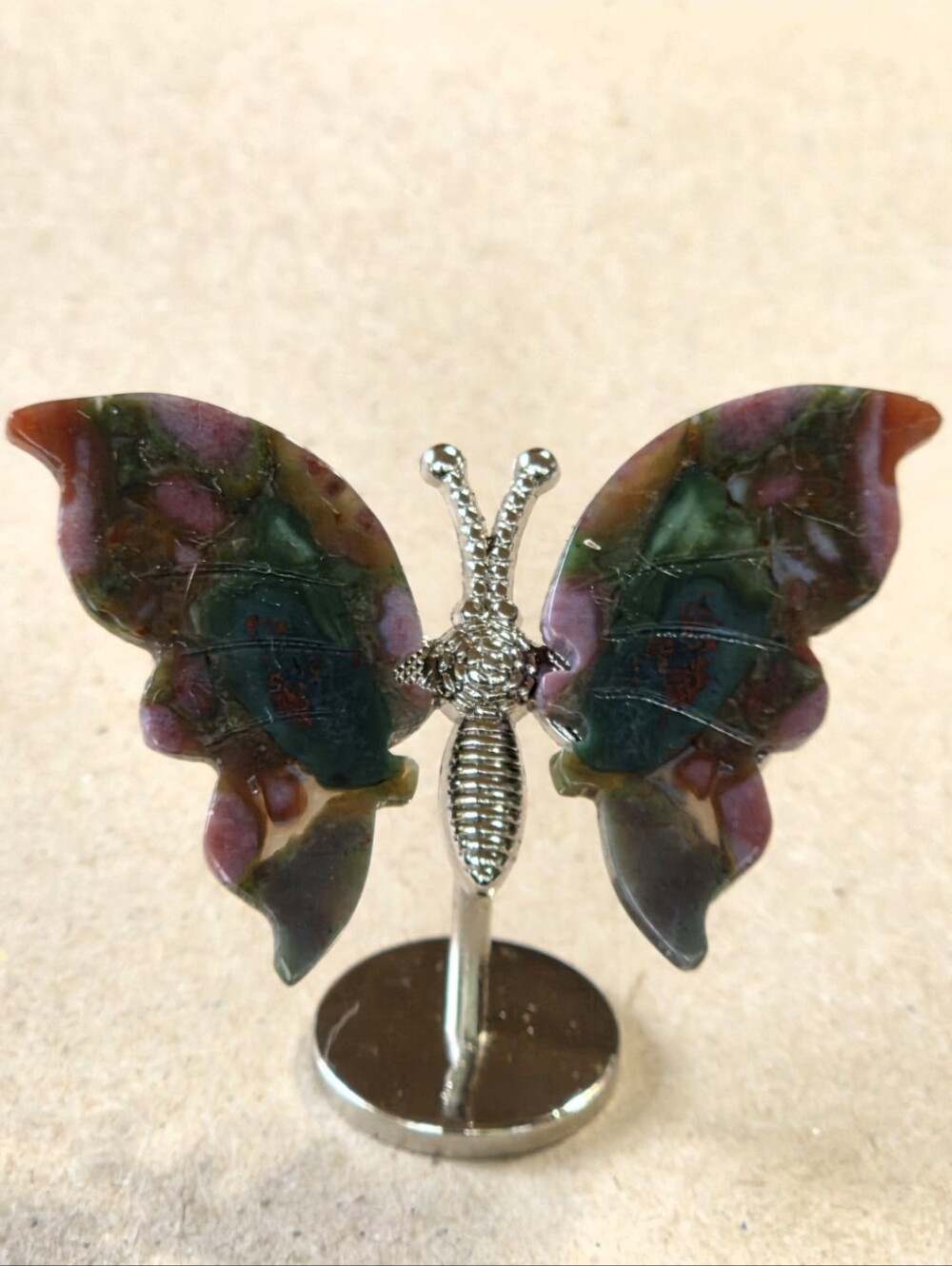 Ocean Jasper Crystal Butterfly Wings On Metal Body Stand